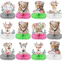 12 Piece Safari Centerpieces for Tables Jungle Baby Shower Decor Honeycomb Supplies Zoo Party Animal Birthday Decorations Floral Jungle Animal Table Topper Sign for Kids Girls Summer Party Favors