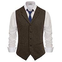 PJ PAUL JONES Mens Western Herringbone Suit Vest Tweed Wool Blend Slim Fit Waistcoat