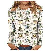 Long Sleeve Tops for Women Trendy Christmas Tree Shirts Crew Neck Button Down T-Shirt Versatile Loose Tee Blouses