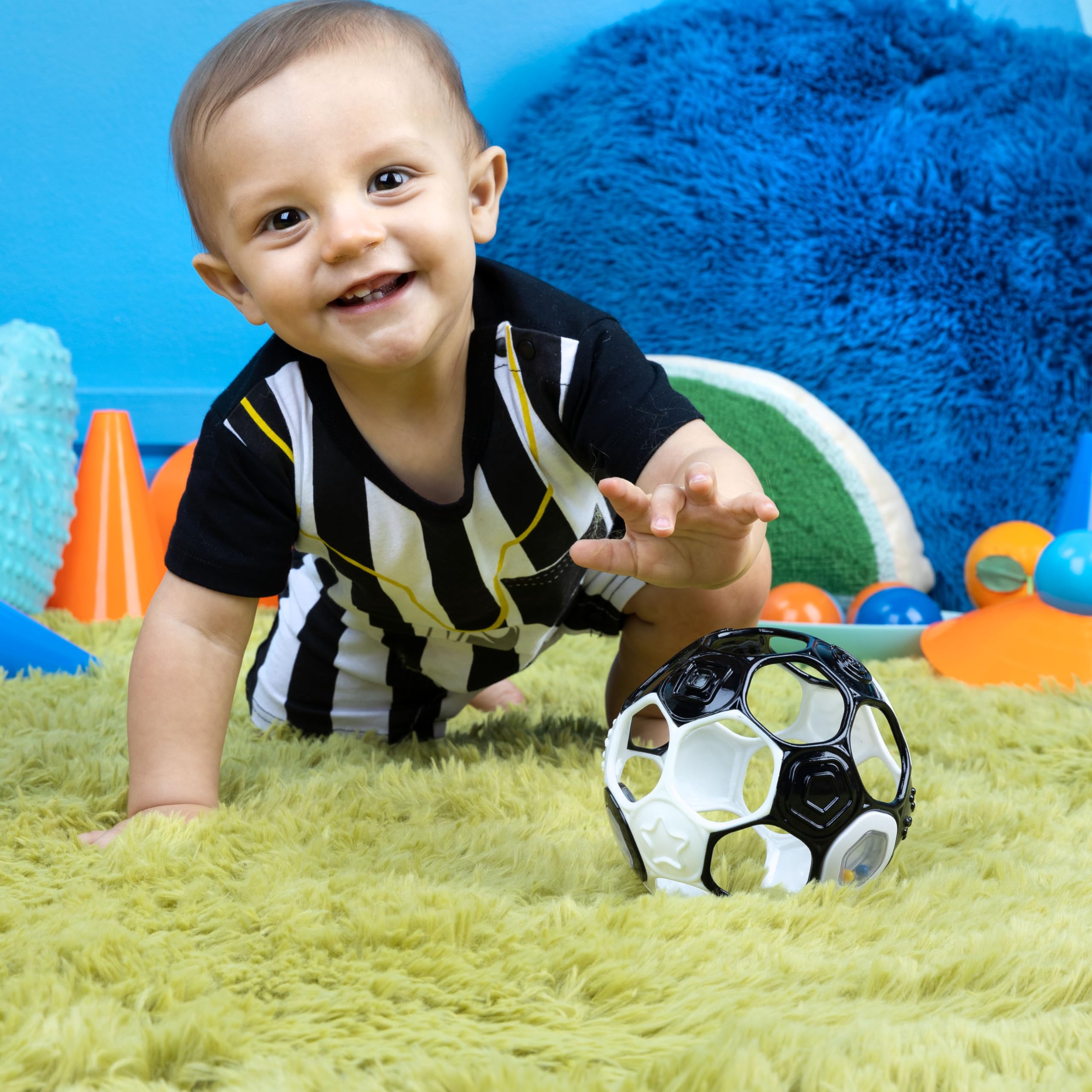 Bright Starts Oball Grippin' Goals Rattle Soccer Ball - Black & White, Easy-Grasp Toy for Newborn and Up