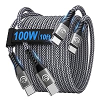 USBC to USBC 100W [10ft/2 Pack] USB C to USB C Fast Charging Cable Braided C to C Charger Cord 5A for MacBook Pro/Air, iPhone 15 Pro Max Plus,iPad Pro,Samsung Galaxy S24 Ultra S23,Pixel,PS5,Switch