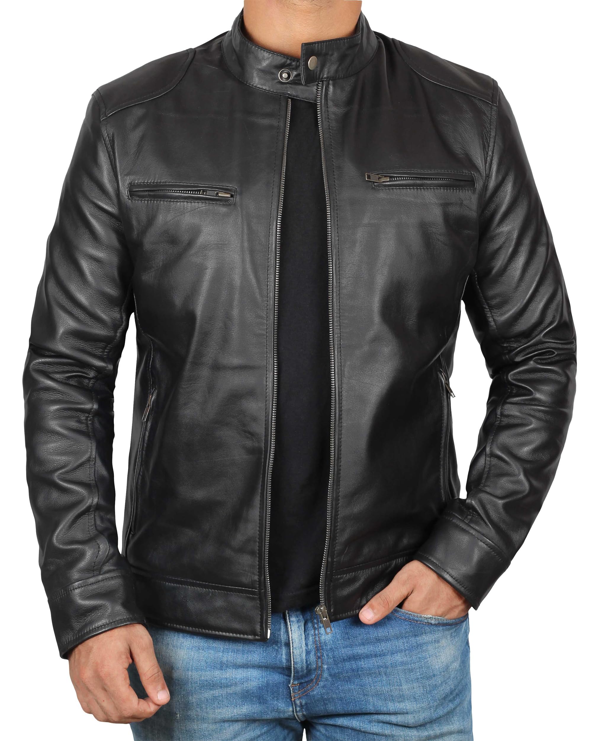 Decrum Mens Leather Jacket - Cafe Racer Style Real Lambskin Leather Jacket Men