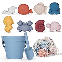 11Pcs Silicone Beach Toys,Modern Baby Beach Toys,Travel Friendly Beach Set,Silicone Bucket, Shovel, 8 Sand Molds, Beach Bag,Silicone Sand Toys for Toddlers, Kids (Blue)