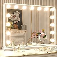 Keonjinn Large Vanity Mirror with Lights, 15 Replaceable Bulbs Hollywood Makeup Mirror with 2 Replacement Bulbs, 3-Color Lights, Aluminum Metal Frame, USB Charging Port, 23