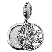 Sterling Silver Personalized Photo Moon Star Austrian Elements Dangle Charm Bead For European Charm Bracelets Made w/Austria Crystals