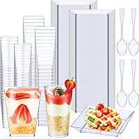 300 Pcs Mini Dessert Cups with Spoons 5.6 oz Square Plastic Dessert Cups 3 oz Round Shooter Cups 3.6 Inch Clear Plastic Plates Disposable Dessert Containers for Appetizers Parfait Pudding Snacks
