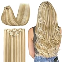 DOORES Clip in Hair Extensions Real Human Hair, 75g 5pcs Dark Blonde Highlighted Bleach Blonde 16 Inch, Remy Human Hair Extensions Clip ins Natural Straight Weft Hair Extensions