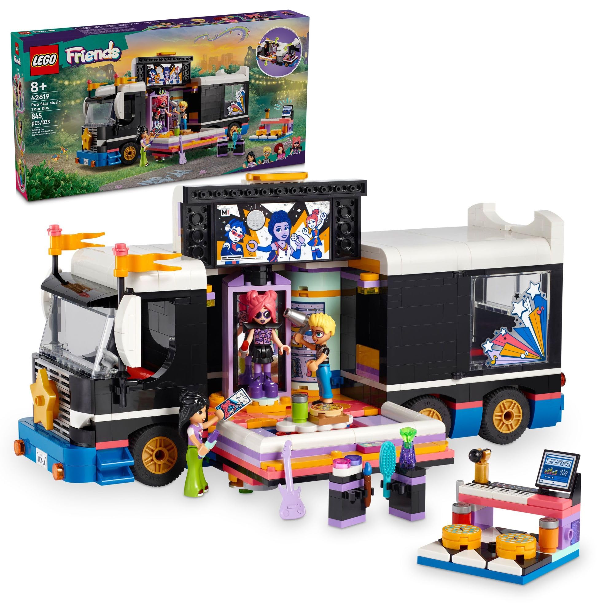 LEGO Friends Pop Star Music Tour Bus Play Together​ Toy, Social-Emotional Musical Toy with 4 Mini-Doll Characters, Toy Truck Building Kit, Music Gift for 8 Year Old Kids, Girls and Boys, 42619