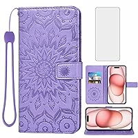 Asuwish Phone Case for iPhone 15 6.1 inch Wallet with Tempered Glass Screen Protector and Leather Slim Flip Cover Card Holder Stand Cell Accessories iPhone15 5G i i-Phone i15 15Case Women Purple