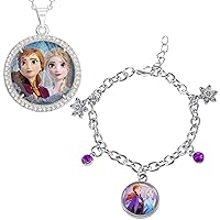 Frozen 2 Sisters Elsa and Anna Fashion Charm Bracelet and Pendant Necklace Set