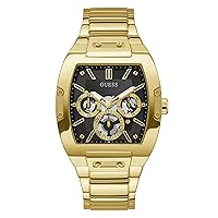 GUESS Men's Trend Multifunction Tonneau 43mm Watch – Black Dial Gold-Tone Stainless Steel Case & Bracelet