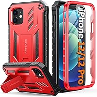FNTCASE for iPhone 12 Phone Case: for iPhone 12 Pro Phone Case Military Grade Drop Proof Rugged Protective Cover with Kickstand | Matte Textured Shockproof TPU Hybrid Bumper Cases 6.1 inch - Red