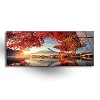 Myphotostation Colorful Autumn Tempered Glass Wall Art 47Wx19H'' Nature View Modern Decor Glass Printing large Wall Art for Living Room Wall Decor idea Tempered Glass Panel Mount Fuji Lake Kawaguchiko