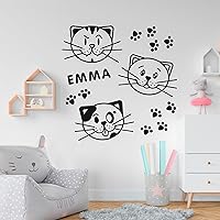 Three Cats Drawings Wall Name Decals for Girl - Three Cats Faces Wall Name Stickers for Kids - Cute Cats Drawings Pictures Baby Name Wall Decals