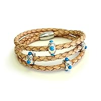 Natural Turquoise Pow Wow Rich Braided Triple Wrap Premium Leather Bracelet for Women in Black-Gold, Black-Silver and More Colors - Best for Occasional Gift