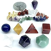 Crystal Quartz Platonic Solids Natural Gemstones Set Sacred Geometry Kit with Merkaba Star Pendulum Customizable Tin Box for Chakra Reiki Healing Energy Therapy Yoga (Seven Chakras 10pcs)