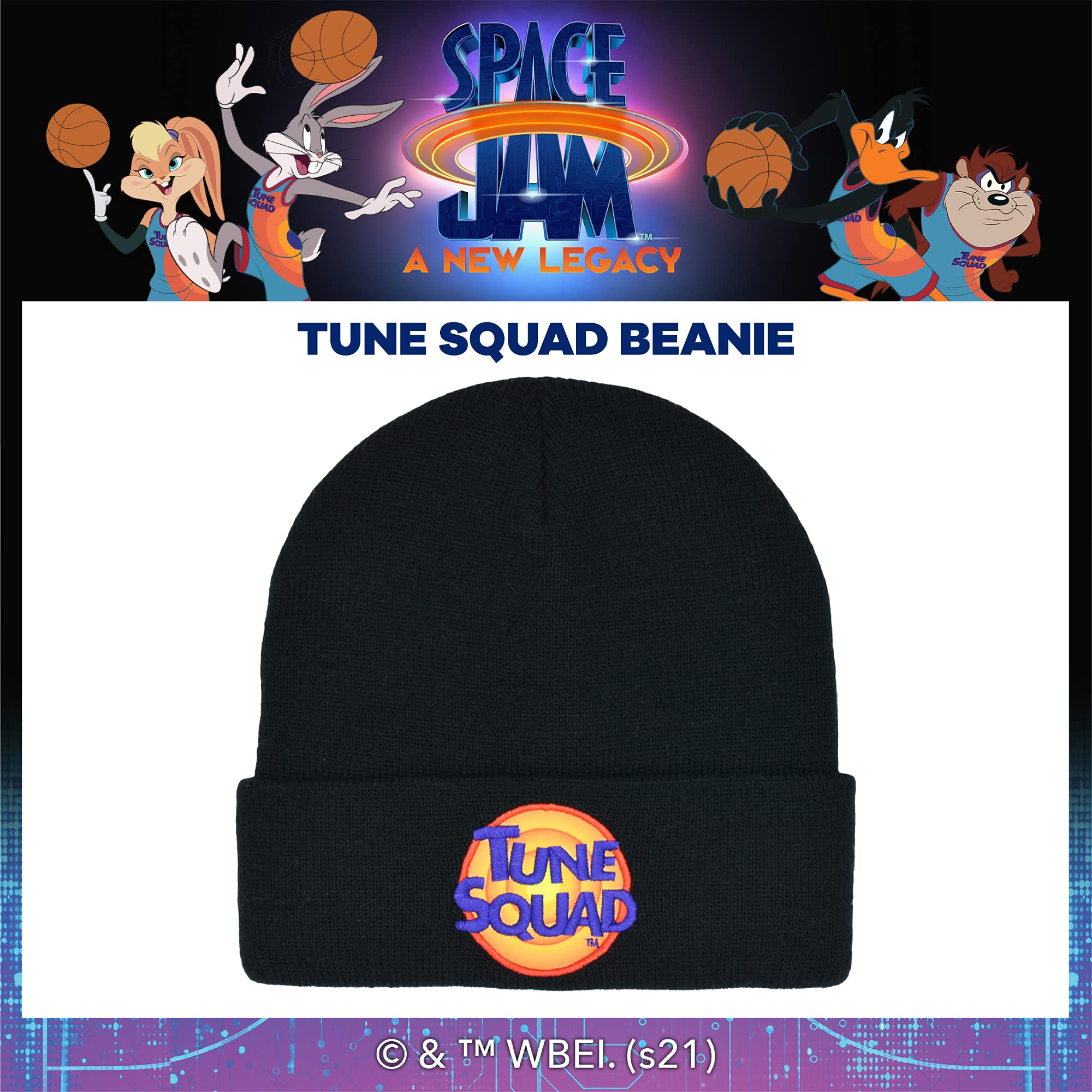 Concept One Space Jam 2 Tune Squad Embroidered Logo Knitted Acrylic Cuff Winter Beanie Hat, Black, One Size