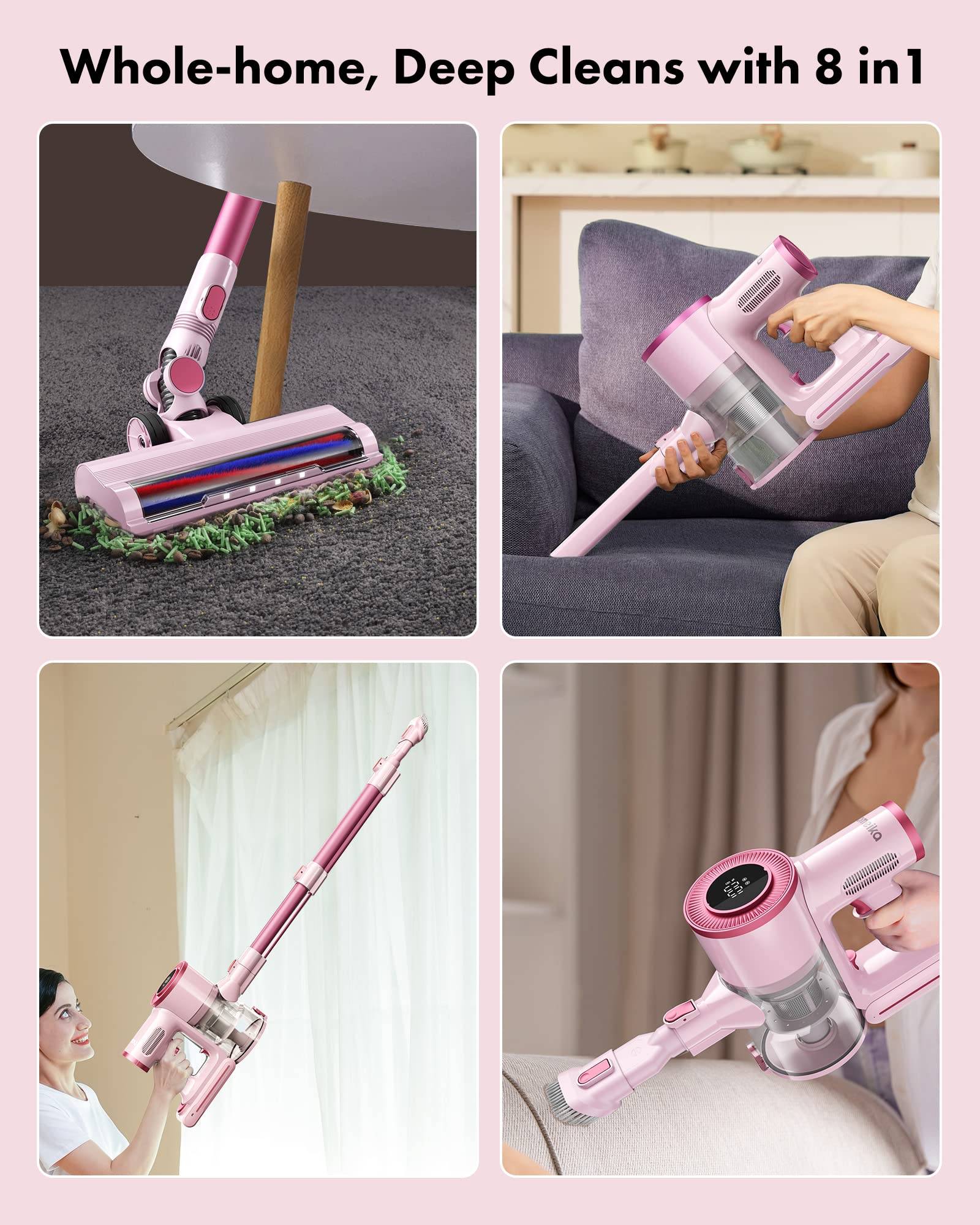 Homeika Cordless Stick Vacuum Cleaner, 20Kpa Powerful Suction Vacuum Cleaner with LED Display, 30 Min Runtime Detachable Battery, 1.5L Dust Cup, for Carpet and Hard Floor Pet Hair (Pink)