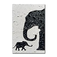 Art Hand-Painted Black and White Texture Art Oil Painting Elephant Silhouette Art 45x30 Inch Abstract Oil Painting