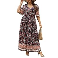 Nemidor Womens Plus Size Boho Floral Positioning Print Casual Flared Maxi Dress with Pocket NEM422