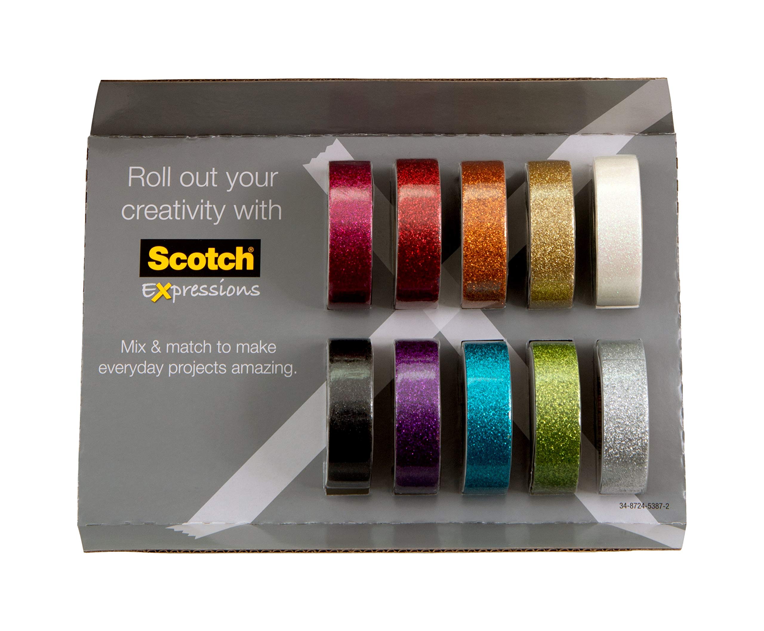 Scotch Glitter Washi Tape, 10 Rolls, Great for Use in Bullet Journal, School Supplies, Craft Supplies, and Teacher Appreciation Gifts (C517-10-SIOC)