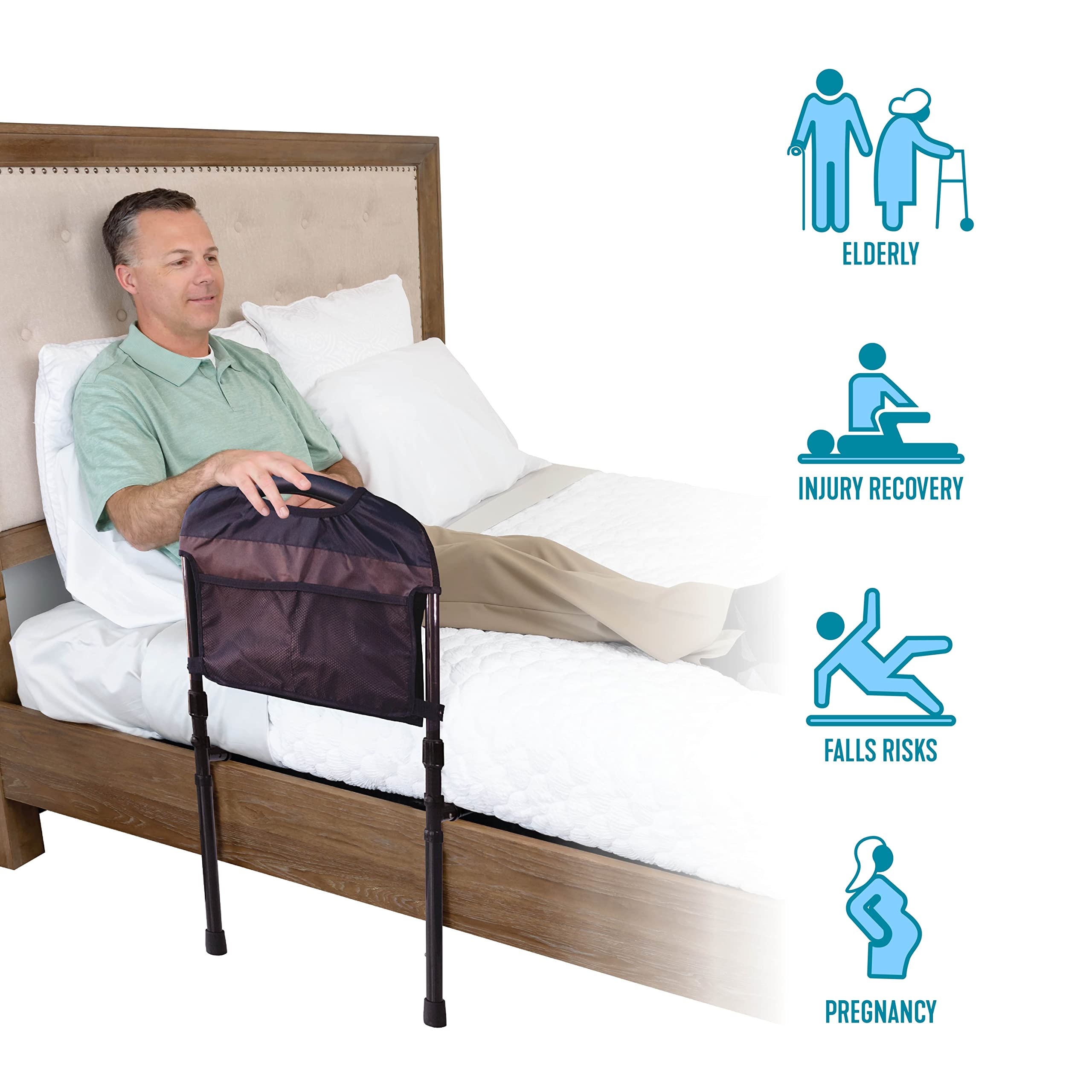 Stander Stable Rail, Bed Assist Rail for Elderly Adults, Senior Bed Handle with Adjustable Legs and Organizer Pouch