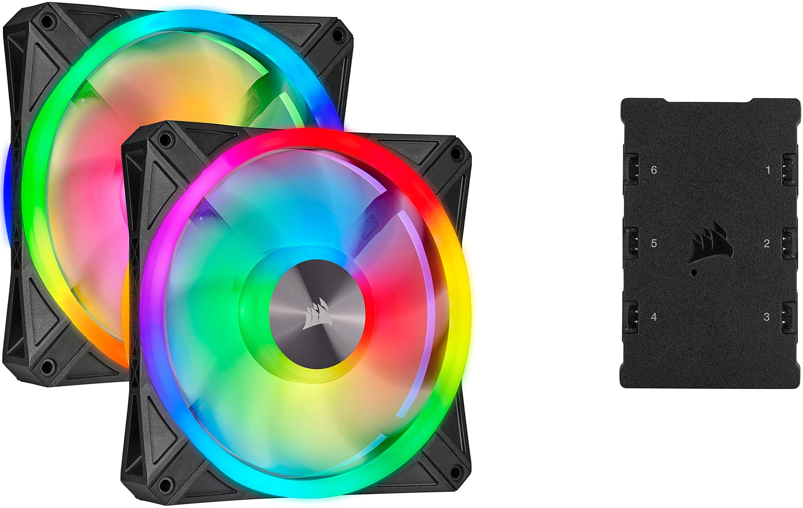 Corsair iCUE QL140 RGB, 140-mm-RGB-LED-PWM-Lüfter (68 Einzeln Ansteuerbare RGB-LEDs, Schwindigkeiten Bis zu 1,250 U/Min, Geräuscharm) 2er-Pack mit Lighting Node Core - schwarz