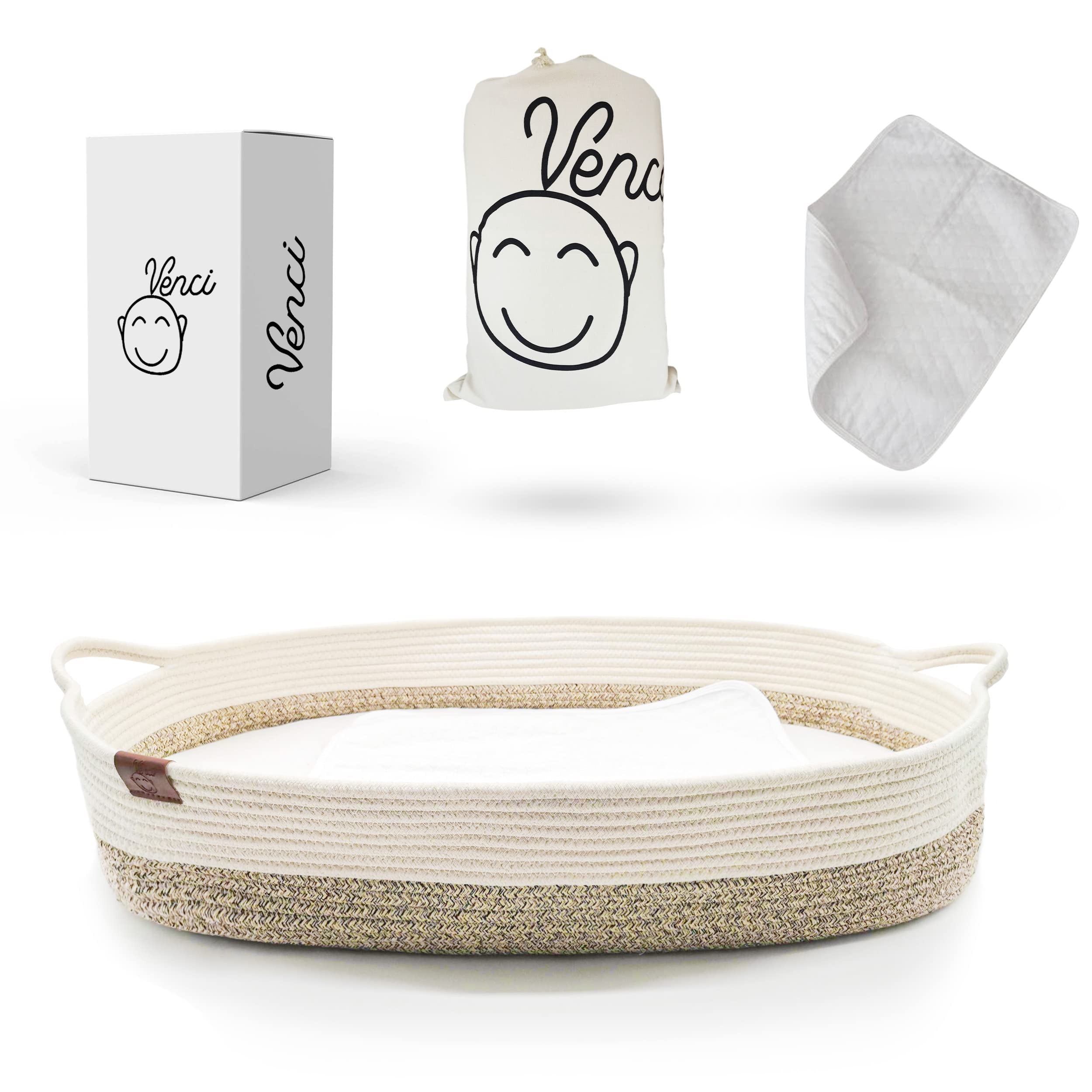 Baby Changing Basket for Dresser Top - 29.5 x 17 x 6 in, Organic Cotton Rope and Thick Removable Foam Pad, Portable Moses Basket Changing Basket for Babies, Waterproof Changing Pad