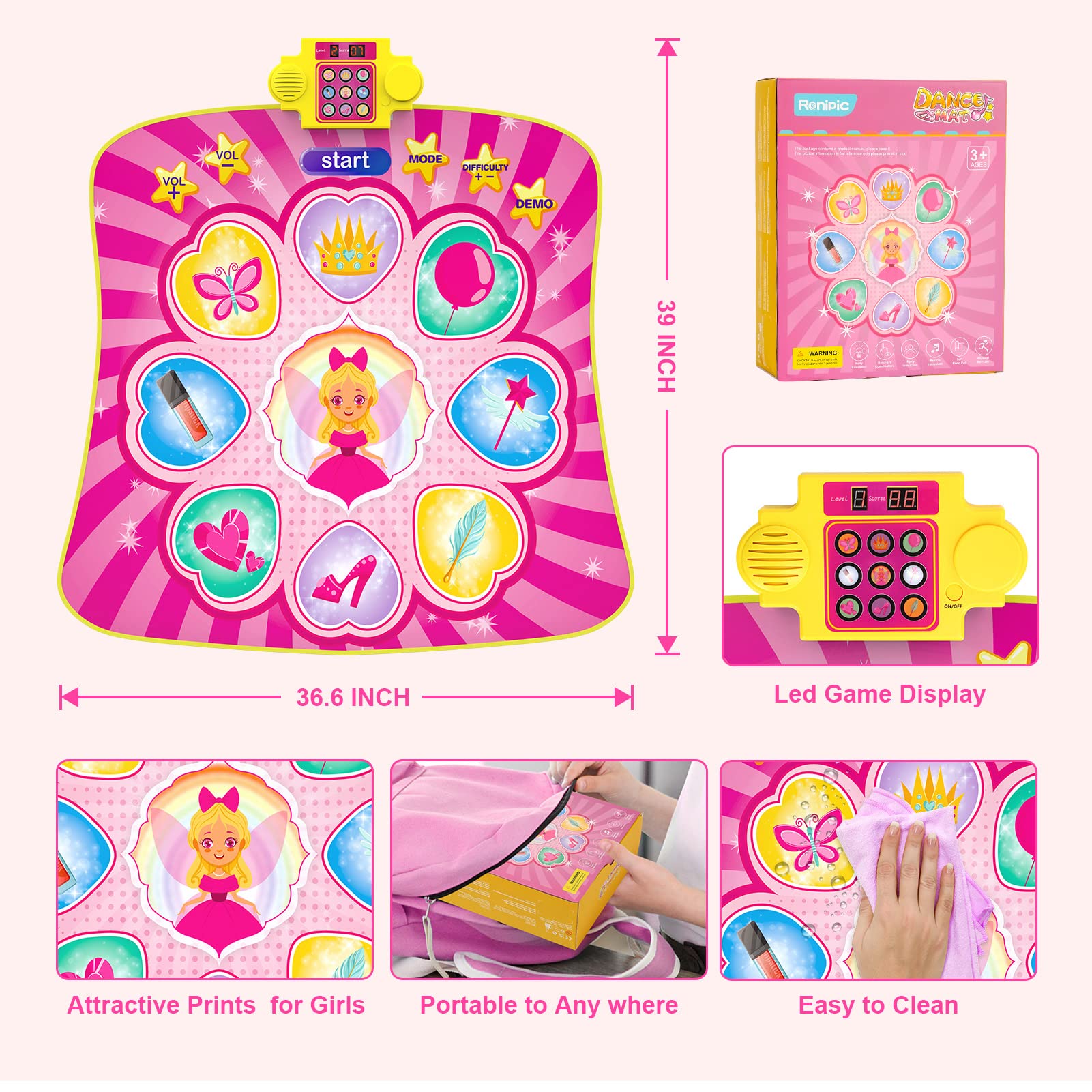 Dance Mat Toys for 3-12 Years Old Girls Birthday Gifts, Musical Dance Mat for Kids, Dance Pad with LED Lights, 3 Game Modes, Built-in Music Demo, Adjustable Volume, Birthday Gifts for Boys Girls
