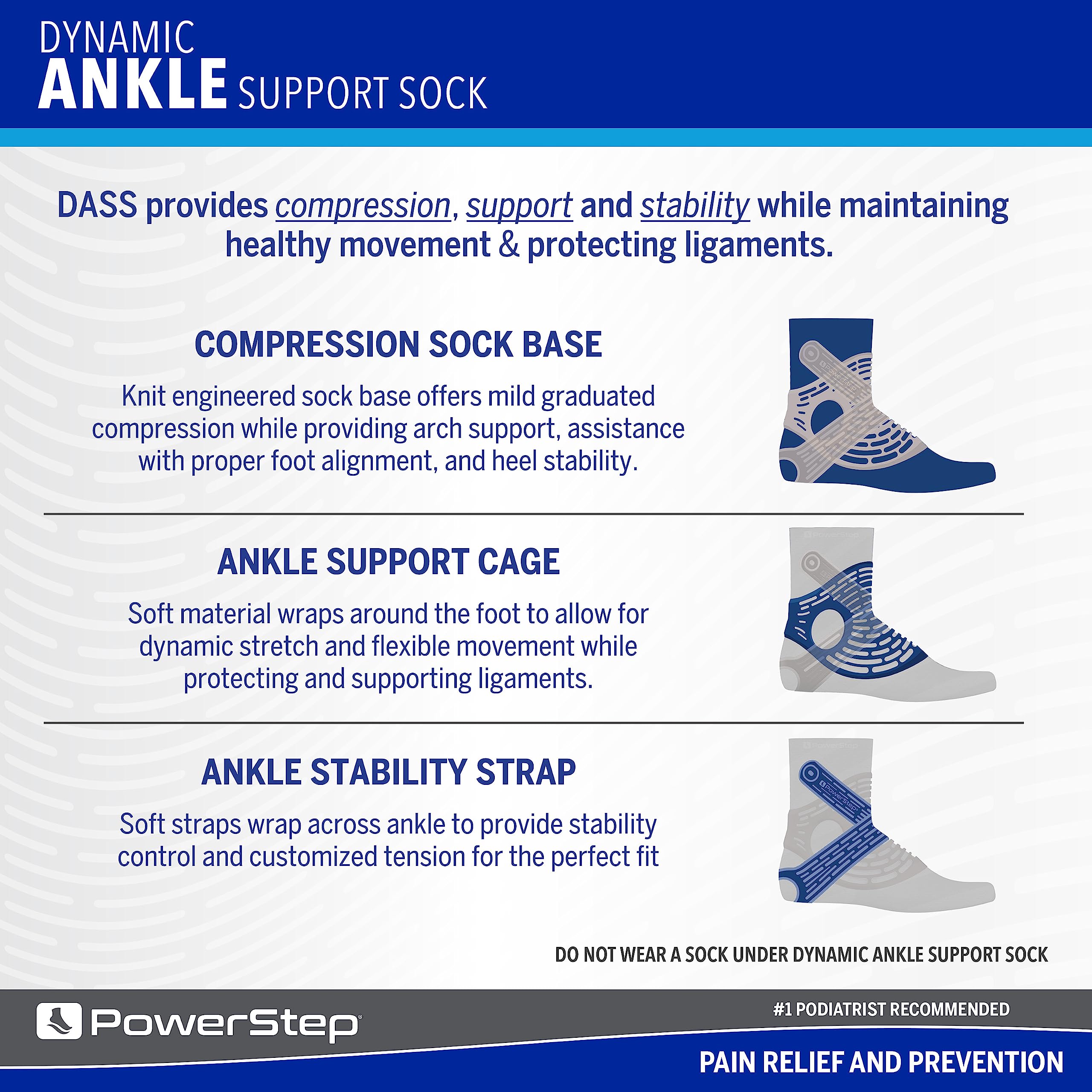 Powerstep Dynamic Ankle Stability Sock, Ankle Brace and Compression Sock, for Flexibility, Support and Injury Prevention