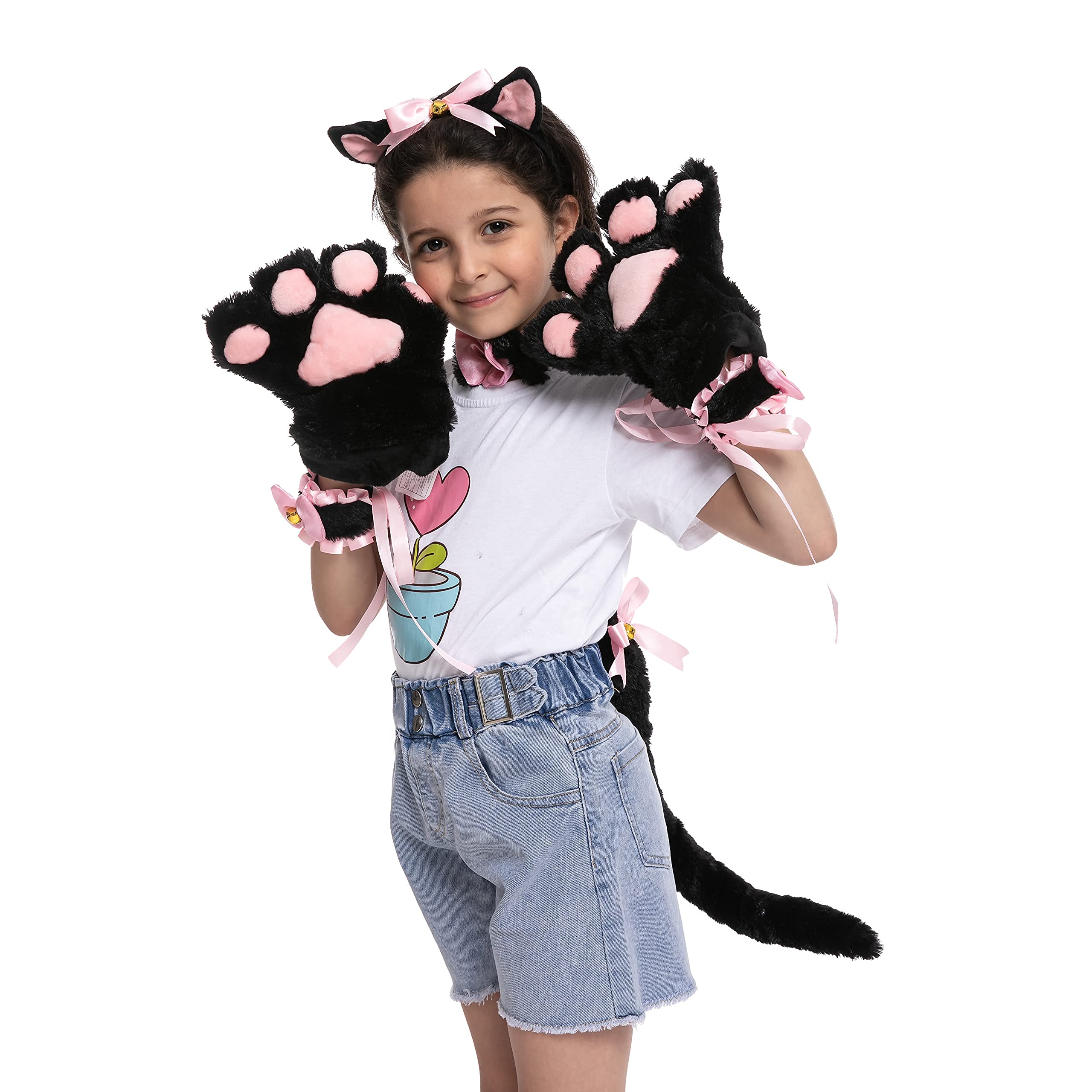 Spooktacular Creations Cute Cat Girl Cosplay Accessory Set, 6Pcs Cat Ears Headband and Paws Gloves for Halloween Dress Up, Cat Cosplay, Animal Pretend Play