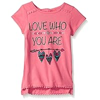 Dream Star Girls' Toddler Short Sleeve Screen Top with Ball Fringe and Keyhole Back