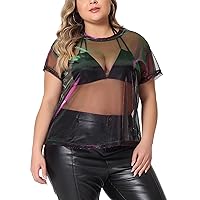 Agnes Orinda Plus Size Party Top for Women Sheer Mesh Holographic See Through Sexy Tops Blouse