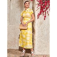Women's Dress Tie Dye Batwing Sleeve Knot Back Shirt Dress Dresses for Women (Color : Yellow, Size : Small)