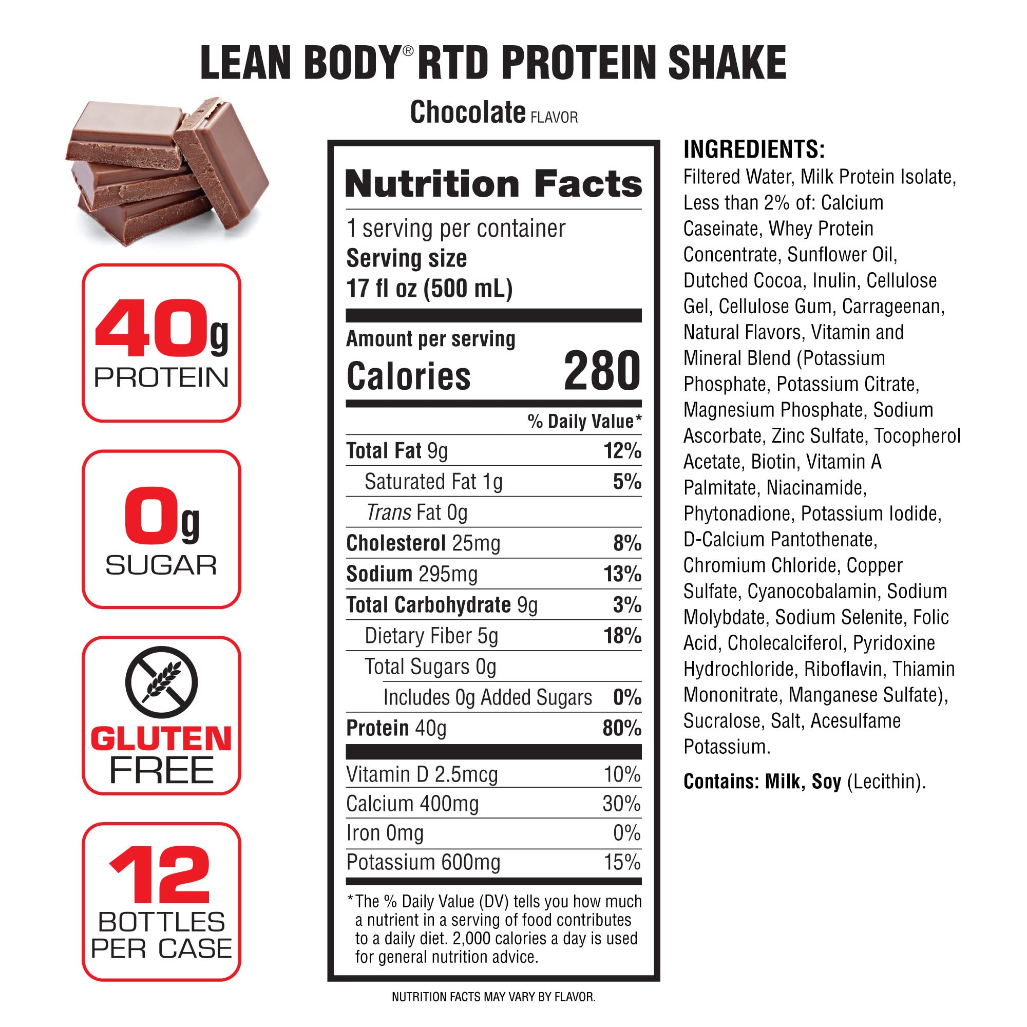 Lean Body Ready-to-Drink Chocolate Protein Shake, 40g Protein, Whey Blend, 0 Sugar, Gluten Free, 22 Vitamins & Minerals, LABRADA, 17 Fl Oz (Pack of 12)
