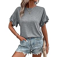 EADINVE Womens T Shirts Pleated Loose Fit Crew Neck Ruffle Sleeve Tee Tunic Summer Short Sleeve Casual Tops