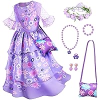 Purple Princess Costume Dress for Girls Birthday Halloween Party Dress Up with Bag Headband Necklace Earrings Ring