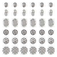 Pandahall 48Pcs Antique Silver Spacer Bead Tibetan Style Flower Spacer Beads 6 Style Alloy Rondelle Flat Round Oval Loose Bead Metal Spacer Beads for Bracelet Necklace Earring Jewelry Making