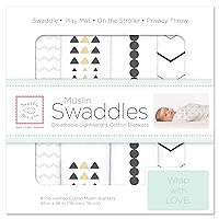 SwaddleDesigns Cotton Muslin Swaddle Blankets, Set of 4, Receiving Blankets for Baby Boys & Girls, Best Shower Gift, 46x46 inches, Gold & Graphite