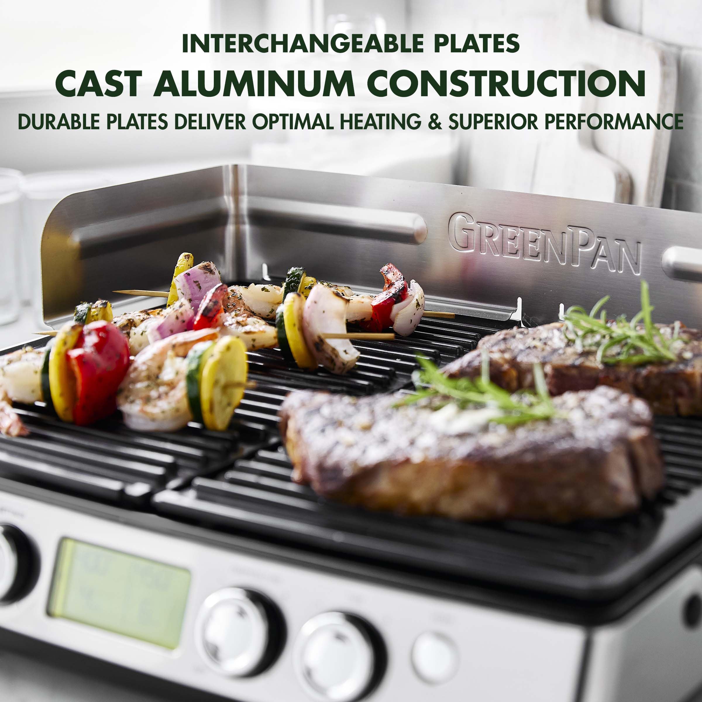 GreenPan Elite XL Smoke-less Grill and Griddle, Healthy Ceramic Nonstick Interchangeable/Removeable Cast Aluminum Plates, Indoor BBQ Sear Sizzle, LCD Display, Splash Guard, Drip Tray, PFAS-Free, Black