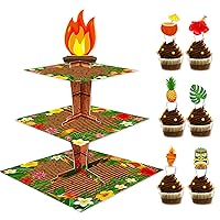 Tiki Torch Cupcake Stand with 24pcs Cupcake Toppers for Hawaiian Party Decorations 3 Tire Happy Luau Tropical Cupcake Dessert Holder for Hibiscus Hawaii Birthday Party Decor Supplies