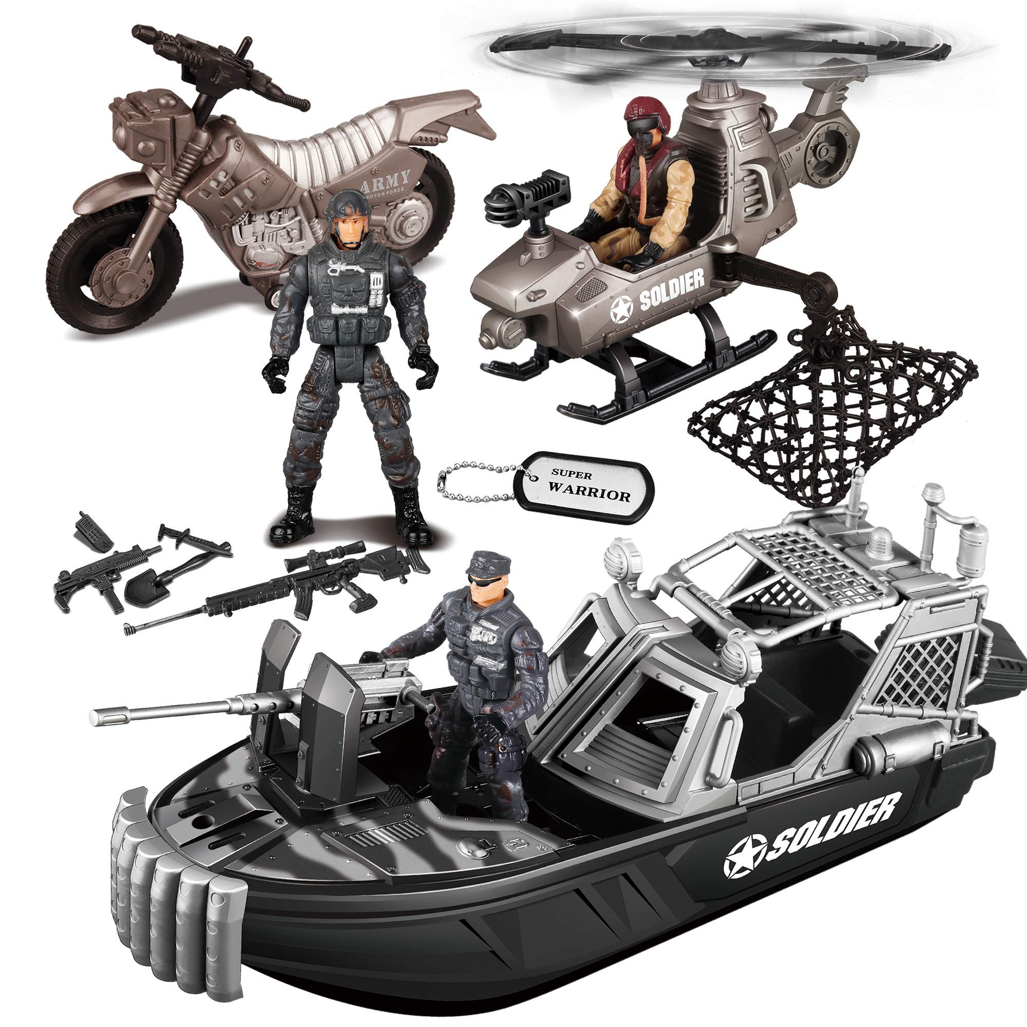 JOYIN 9 Pcs Combat Boat and Military Vehicle Toys Set with Realistic Military Combat Boat, Mini Helicopter, Motorcycle, Army Men Toy Soldiers Action Figures and Other Equipment Accessories
