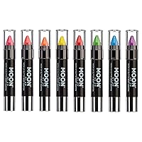 Moon Glow - Blacklight Neon Glitter Face Paint Stick / Body Crayon makeup for the Face & Body - Set of 8 colours - Glows brightly under blacklights