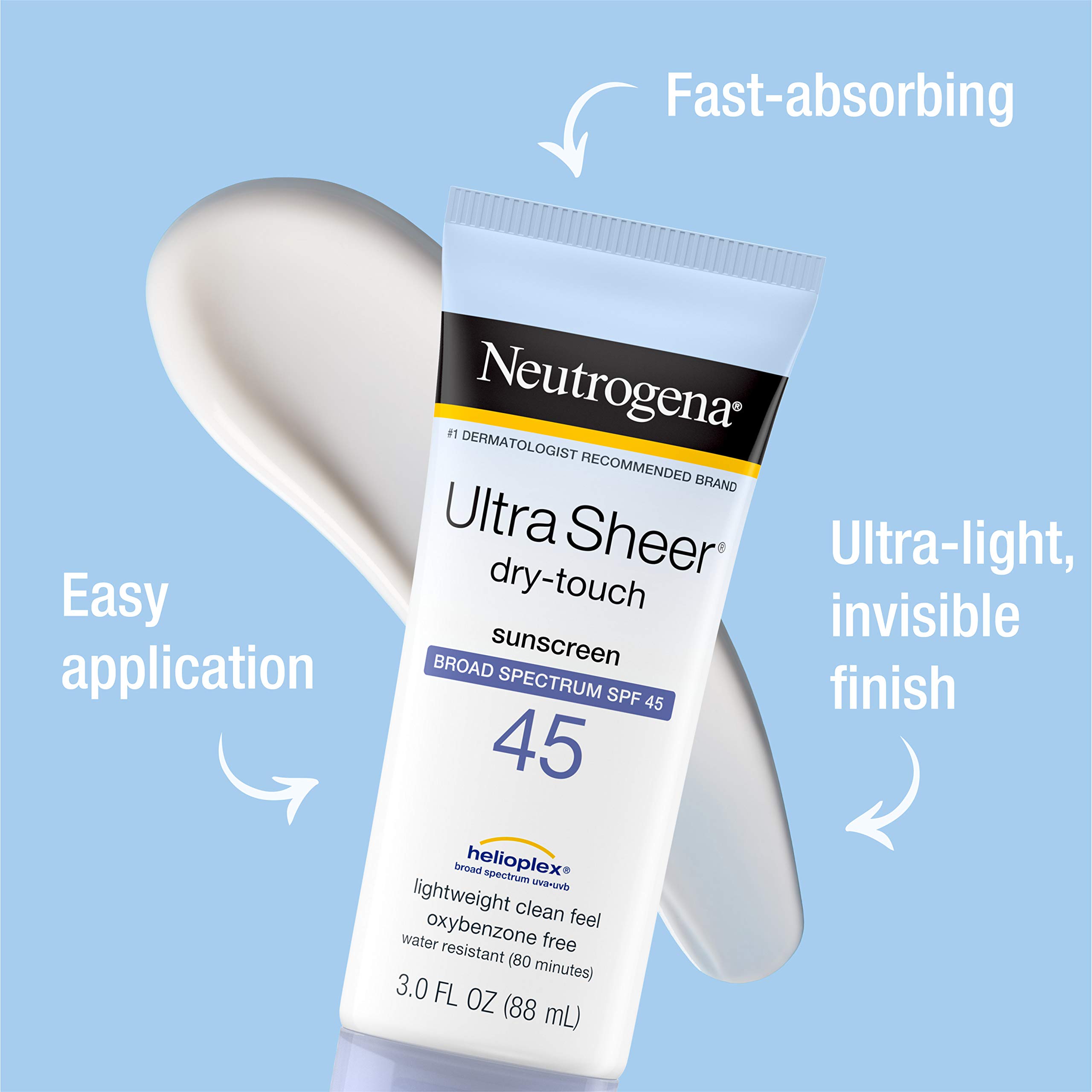 Neutrogena Ultra Sheer Dry-Touch Water Resistant and Non-Greasy Sunscreen Lotion with Broad Spectrum SPF 45, TSA-Compliant travel Size, 3 Fl Oz, Pack of 2, 6 Fl Oz