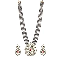 I Jewels Indian Wedding Bollywood 5 Layered Onyx Crystal Beads Necklace Jewellery Set Glided With Uncut Polki Kundan for Women & Girls (ML269)