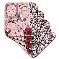 3dRose CST_76593_1 Stylish Vintage Pink Paris Collage Art Eiffel Tower Red Rose Girly Gothic Black Bow and Swirls Soft Coasters, Set of 4