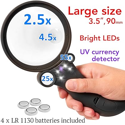 The multipurpose magnifier with light for professionals & collectors | 4 magnification modes | up to 55x magnification | scratch-resistant magnifying glass | for reading, coin, stamp & rock collecting