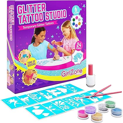 GirlZone Temporary Glitter Tattoos Kit for Girls, 33-Piece Colorful Tattoo Set for Creative Kids, Awesome Girls Toy for Sleepovers & Fun Gift Idea