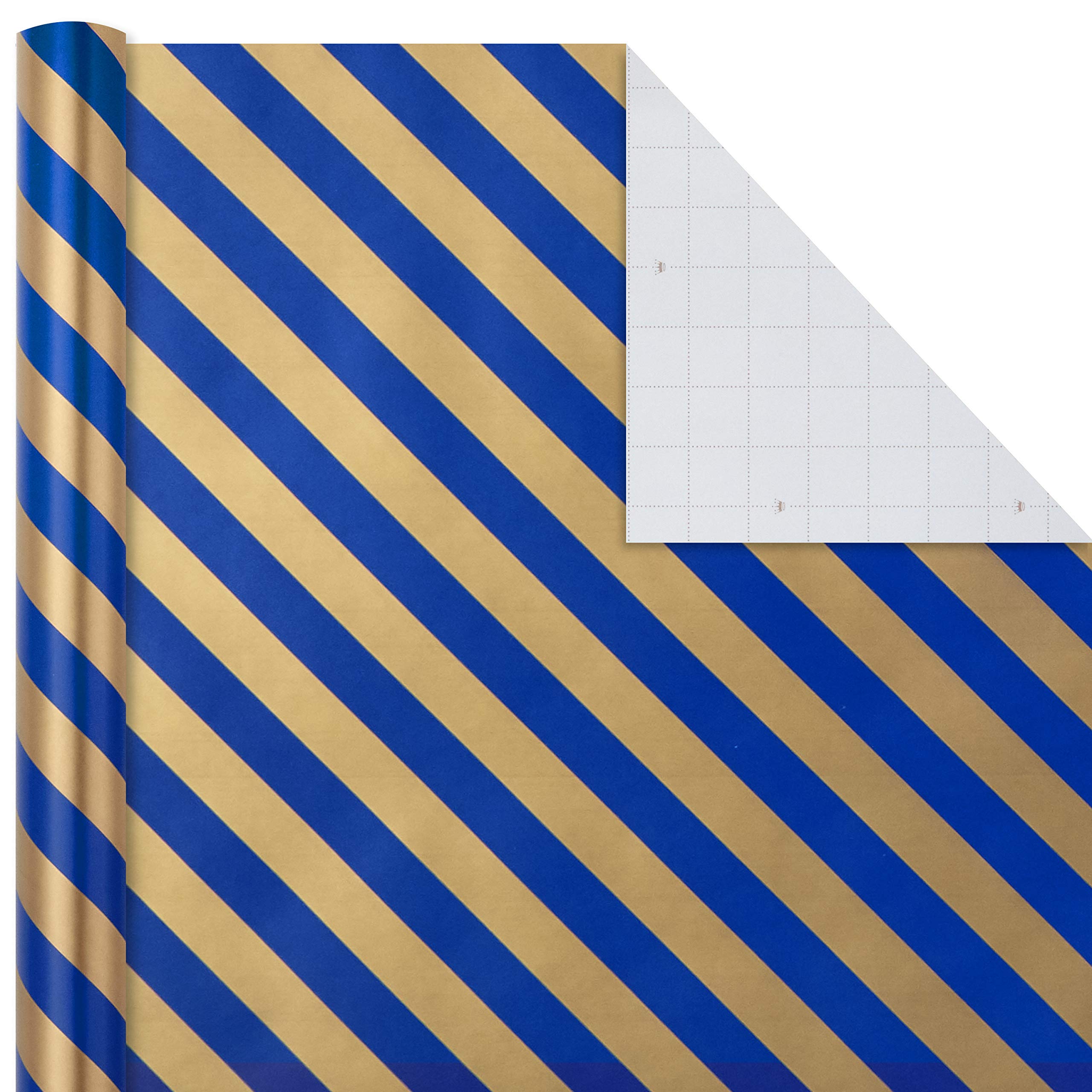 Hallmark All Occasion Wrapping Paper Bundle with Cut Lines on Reverse - Dark Blue and Gold Stripes (3-Pack: 105 sq. ft. ttl.) for Christmas, Hanukkah, Birthdays, Graduations, Father's Day, Weddings