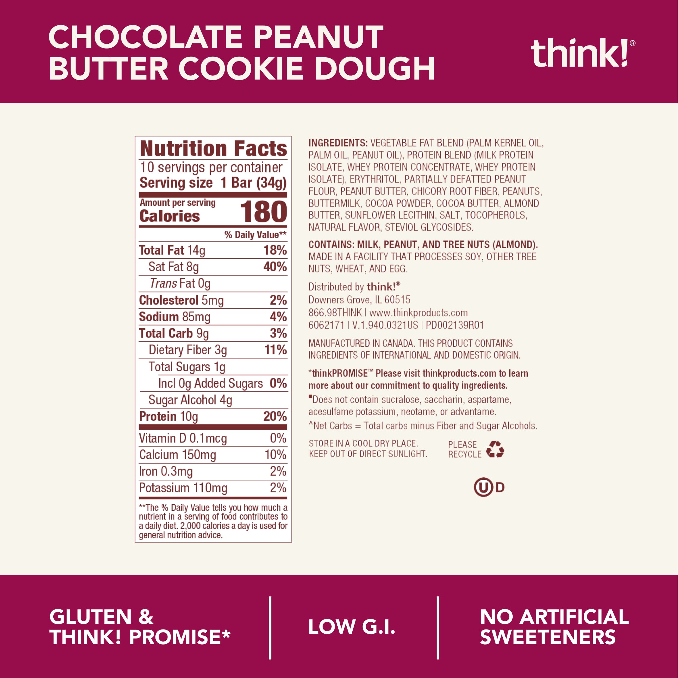 think, Keto Protein Bars, Healthy Low Carb, Low Sugar, Gluten Free Snack with No Artificial Sweeteners, 3G Net Carbs & 10G of Whey Protein - Chocolate Peanut Butter Cookie Dough (10 Count)